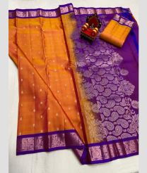 brown and silver colour kanchi pattu sarees with All over Buttas design