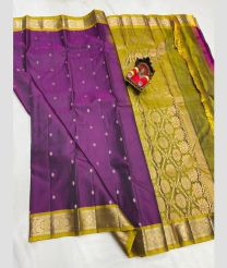 purple and olive green colour kanchi pattu sarees with All over Buttas design