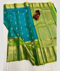 cyan blue colour kanchi pattu sarees with All over design