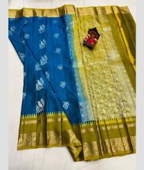 blue and olive green colour kanchi pattu sarees with All over design
