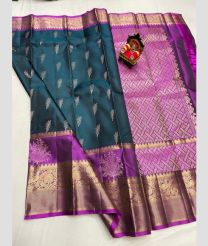 purple and green colour kanchi pattu sarees with All over design
