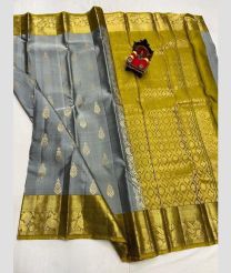 gray and olive green colour kanchi pattu sarees with All over Buttas design