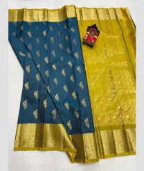 olive green and blue colour kanchi pattu sarees with All over Buttas design