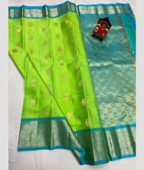 green and cyan blue colour kanchi pattu sarees with All over Buttas design