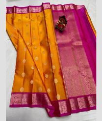 orange and purple colour kanchi pattu sarees with All over Buttas design