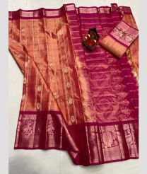 purple and brown colour kanchi pattu sarees with All over Buttas design