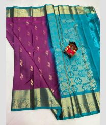 purple and cyan blue colour kanchi pattu sarees with All over Buttas design