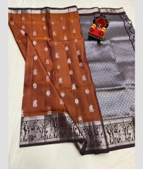 brown and silver colour kanchi pattu sarees with All over design
