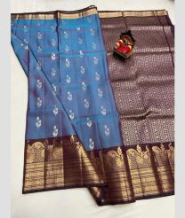 cyan blue and brown colour kanchi pattu sarees with All over design