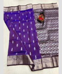 violet and silver colour kanchi pattu sarees with All over design