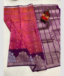 coral and brown colour kanchi pattu sarees with All over design