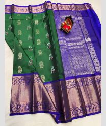 green and silver colour kanchi pattu sarees with All over Buttas design