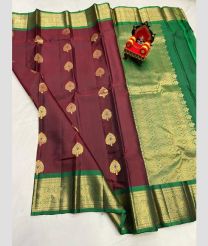 magenta and green colour kanchi pattu sarees with All over Buttas design