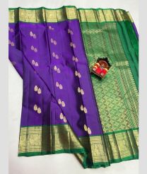 purple and blue colour kanchi pattu sarees with All over Buttas design