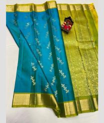 cyan and green colour kanchi pattu sarees with All over Buttas design