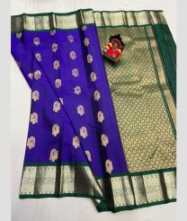 blue and silver colour kanchi pattu sarees with All over Buttas design