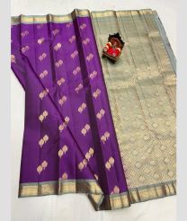 purple and gray colour kanchi pattu sarees with All over Buttas design