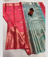 coral and blue colour kanchi pattu sarees with All over Buttas design