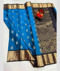 blue and brown colour kanchi pattu sarees with All over Buttas design