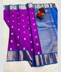 purple and blue colour kanchi pattu sarees with All over Buttas design