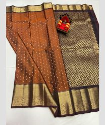 brown colour kanchi pattu sarees with All over Buttas design