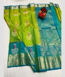 green and blue colour kanchi pattu sarees with All over Buttas design
