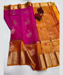 purple and brown colour kanchi pattu sarees with All over Buttas design