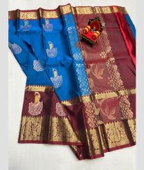 blue and magenta colour kanchi pattu sarees with All over Buttas design