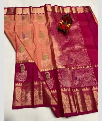 brown and magenta colour kanchi pattu sarees with All over Buttas design