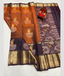brown and silver colour kanchi pattu sarees with All over Buttas design