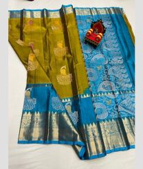 olive green and blue colour kanchi pattu sarees with All over Buttas design