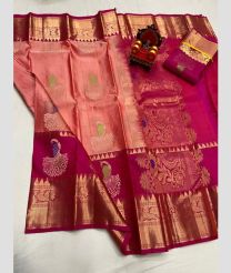 pink and maegnta colour kanchi pattu sarees with All over Buttas design