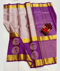 gray and purple colour kanchi pattu sarees with All over Checks design