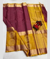 purple and olive colour kanchi pattu sarees with All over Checks design