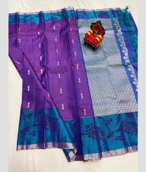 purple and silver colour kanchi pattu sarees with pochampally border design