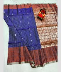 blue and silver colour kanchi pattu sarees with pochampally border design