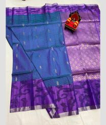 blue and purple colour kanchi pattu sarees with pochampally border design