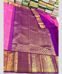 pink and purple colour kanchi pattu sarees with All over design