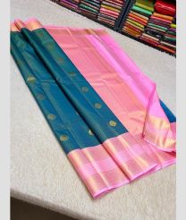 blue and pink colour kanchi pattu sarees with All over Buttas design