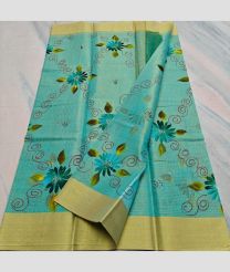 Turquoise and Acid Green kota sarees with All over Hand Brush Printed design