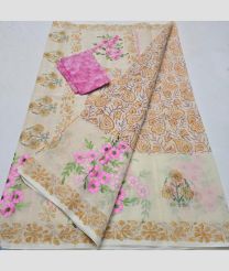 Cream and Hot Pink kota sarees with All over Embroidery work design