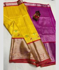 Yellow and Magenta kuppadam pattu sarees with Jari Border design
