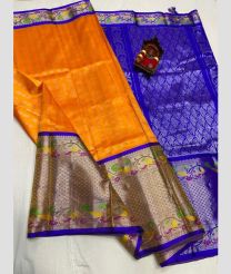 Orange and Royal Blue kuppadam pattu sarees with Jari Border design