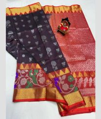 Dark Chocolate and Red kuppadam pattu sarees with Jari Border design