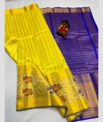 Yellow and Royal blue kuppadam pattu sarees with Jari Border design