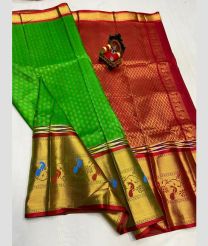 Parrot Green and Red kuppadam pattu sarees with Jari Border design