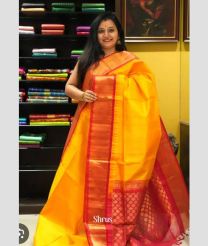 Mango Yellow and Red kuppadam pattu sarees with Temple Border design