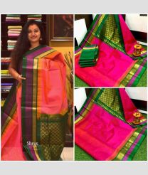 Pink and Green kuppadam pattu sarees with Temple Border design