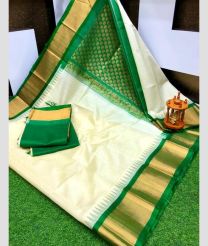 Half White and Green kuppadam pattu sarees with Temple Border design
