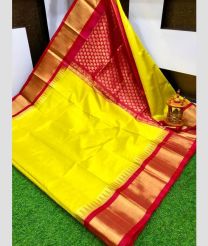 Yellow and Red kuppadam pattu sarees with Temple Border design